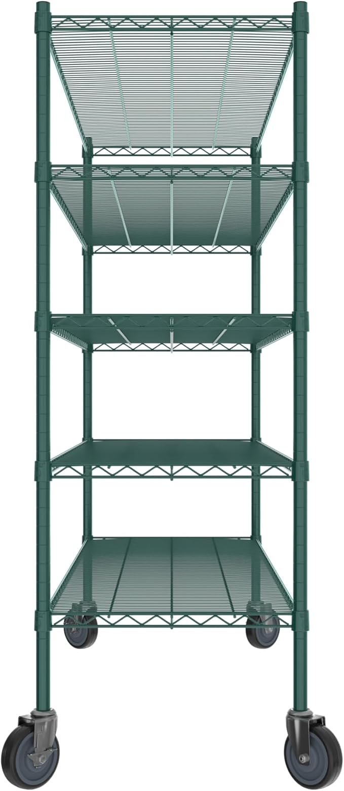 Commercial NSF Listed Green Epoxy Mobile Wire Shelving Kit 21" x 60" x 60", with 5 Shelves Perfect for Warehouse, Walk-in Refrigerator, Freezer, Grocery Store, Restaurant, Dishroom