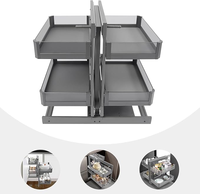 Blind Corner Cabinet Organizer,Tempered Glass Corner Cabinet Pull-Out,2-Tier Kitchen Cabinet Left Open & Right Open Compatible,Adjustable & Removable Basket (Grey)
