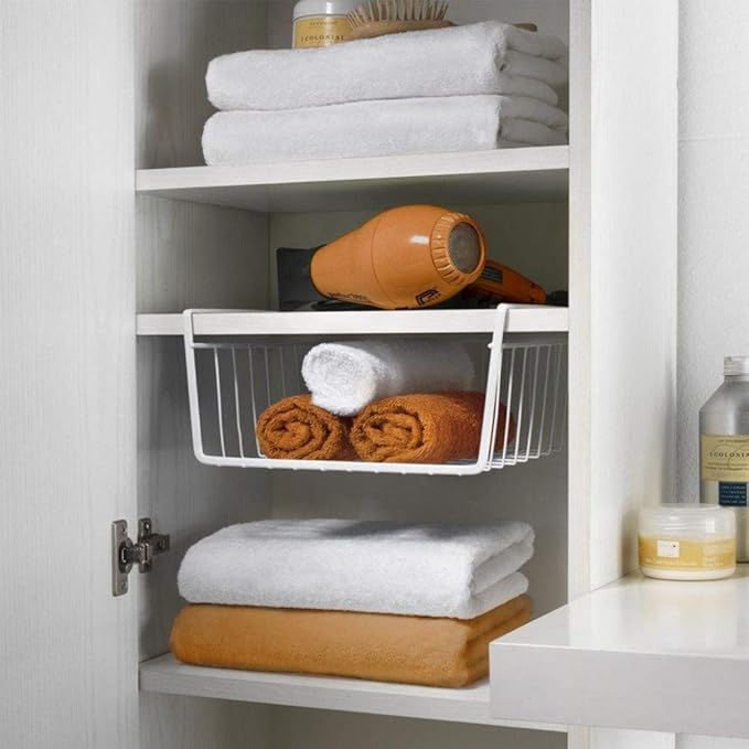 Modern Home Under Shelf Wire Storage Baskets – Hanging Organizer Rack for Cabinet, Pantry, or Closet – White Metal Basket for Kitchen, Towels, or Office – No Tools Required (10.25")