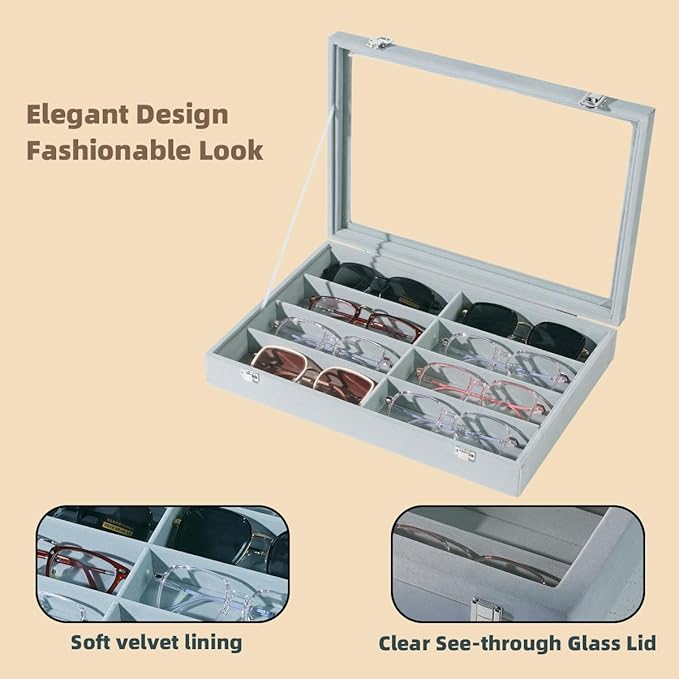 Glasses Holder Box Drawer Sunglass Organizer for Men Clear Wide Storage Case 8 Slots Multiple Reading Glasses Display, Gray Velvet With Clear Glass Lid