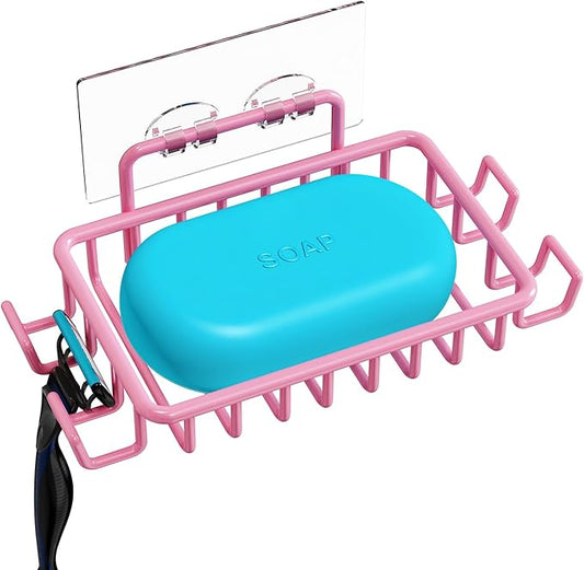 Nieifi Bar Soap Holder for Shower Wall with 4 Hooks, Stainless Steel Adhesive Soap Dish for Bathroom, Pink
