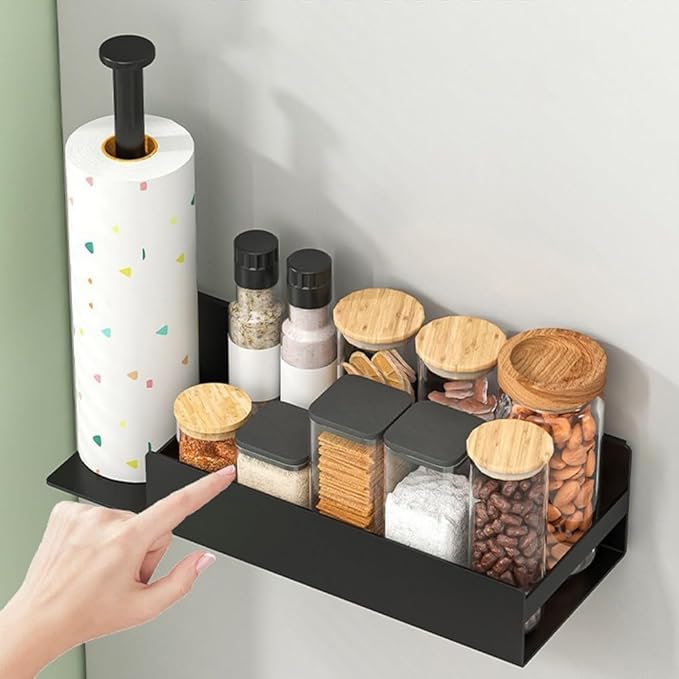 Magnetic Spice Rack with Paper Towel Holder for Fridge Mounting, Metal Shelf Organizer for Kitchen Storage of Spices, Snacks, and Cooking Tools
