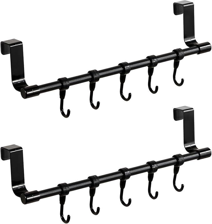 2Sets Towel Holder, Over The Cabinet Door Towel Rack with Hooks, No-Installation Organizer for Kitchen Towels and Utensils on Bathroom Pantry Doors (Black)