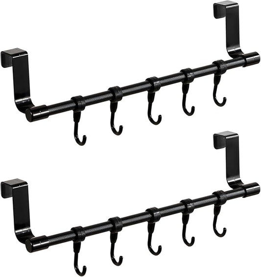 2Sets Towel Holder, Over The Cabinet Door Towel Rack with Hooks, No-Installation Organizer for Kitchen Towels and Utensils on Bathroom Pantry Doors (Black)