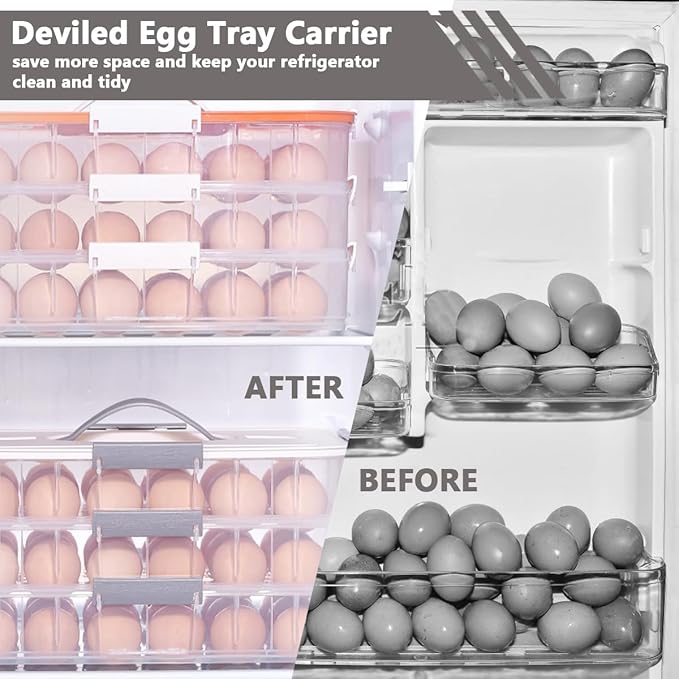 2 Layer Deviled Egg Containers with Lid, 36 Slots Deviled Egg Tray Carrier with Handle and Injector Piping Tool, Fridge Stackable Portable Clear Storage Egg Platter for Party Picnic Travel (white)