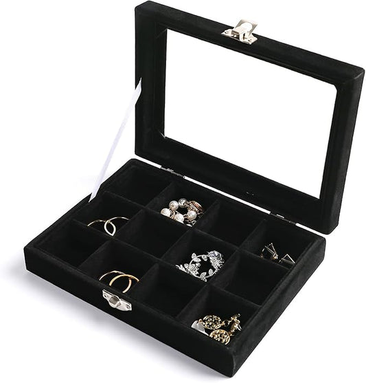 Frebeauty Jewelry Organizer Tray with Clear Lid,12 Grid Velvet Drawer Insert Jewelry Box with Transparent lid Jewelry Display Case Store Showcase Jewelry Box Gift for Women(Black,12 Grid)