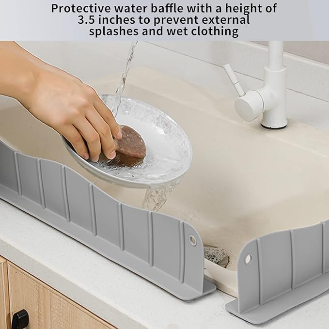Silicone Sink Splash Guard Water Splash Guard for Kitchen Strong Suction Sink Splash Guard Behind Faucet Kitchen Island Sink Backsplash Guard (19.7L x 2.4W x 5H inches) - Wavy Gray