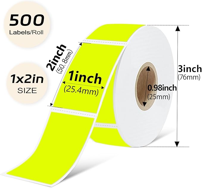 PALAIBEIQI 1x2 Inch Thermal Labels,500PCS Rectangle Stickers,Waterproof Removable Blank Stickers for Address,Jars,Freezer Containers & Pantry Organization,Fluorescent Yellow