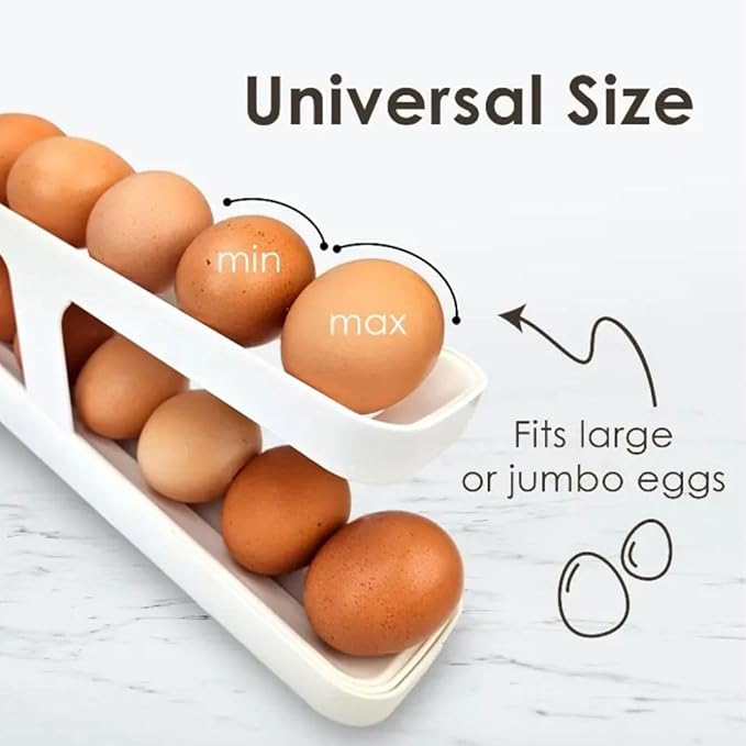 Rolling Egg Dispenser for Refrigerator – Space-Saving Fridge Egg Organizer, BPA-Free Durable Plastic Tray, Easy to Clean, Holds 12–14 Eggs, Modern Kitchen Storage