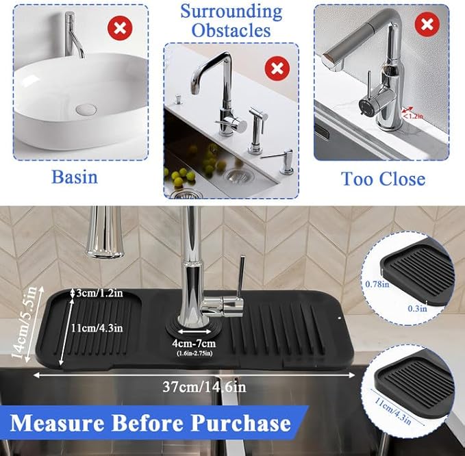 14.6 in Silicone Faucet Splash, Kitchen Sink Splash Guard, Faucet Splash Guard, Silicone Faucets Mat for Kitchen Bathroom (Black 14.6 * 5.5 * 0.7in)