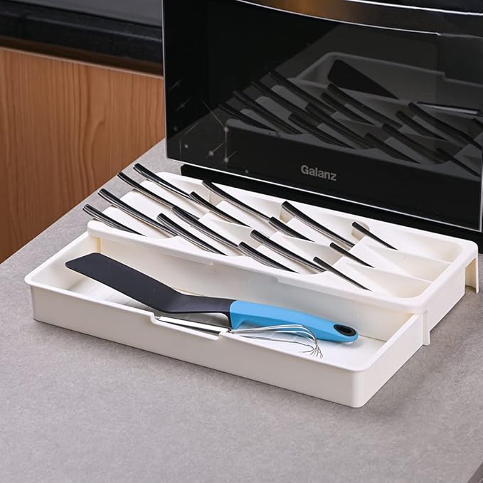 Faridabio Kitchen Drawer Organizer Tray,Expandable Cutlery Silverware Organizer Storage Tray for Kitchen Drawer Flatware Spoons Forks,Creamy White