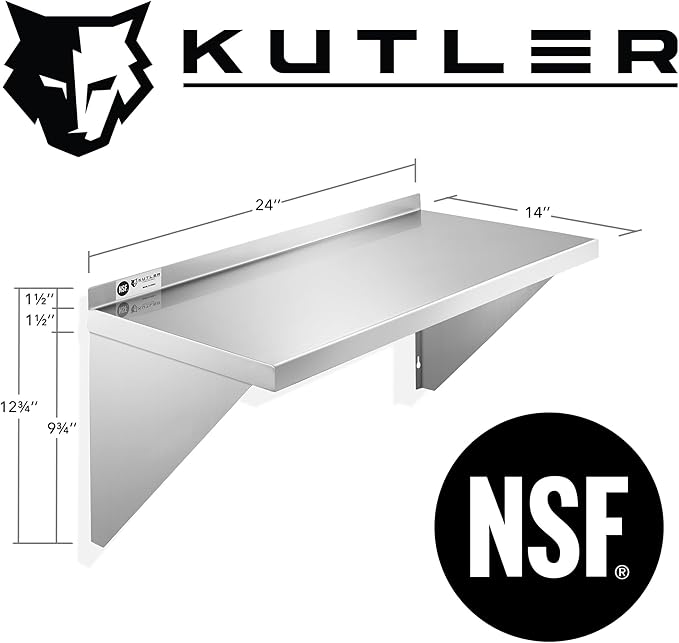 KUTLER Stainless Steel Shelf - 14" x 24", NSF Commercial Wall Mount Shelves with Backsplash, Floating Metal Shelving for Restaurant, Kitchen, Home