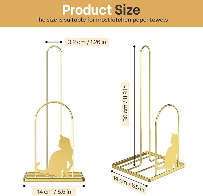 Paper Towel Holder for Countertop, Kitchen Paper Towel Stand with Cat Pattern Decoration，Fit Standard Jumbo Roll in Dining Table or Bathroom, Toilet Paper Dispenser with Heavy Duty Base (Gold)
