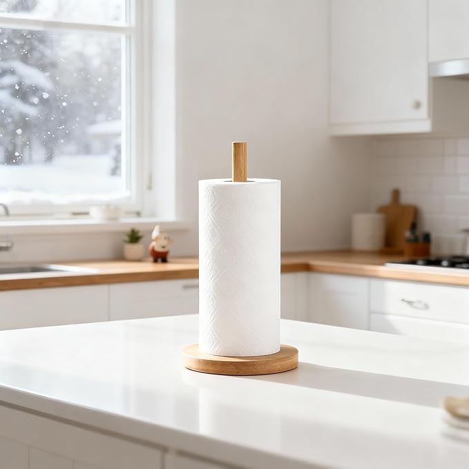 WORHE Bamboo Paper Towel Holder Countertop 1 Pack Thick Sturdy Base, Standing Paper Towel Roll Holder for Kitchen Bathroom Vanity Countertop, Paper Towel Dispenser for Bathroom (YGC017)