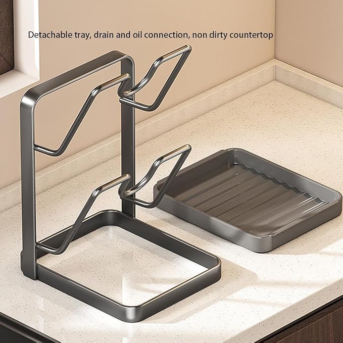 Kitchen Pot Lid Storage Rack, Pot Lid Holder With Tray,304 Stainless Steel Pots Lids Holder While Cooking, Multifunctional Kitchen Pots Cover Organizer for Countertop