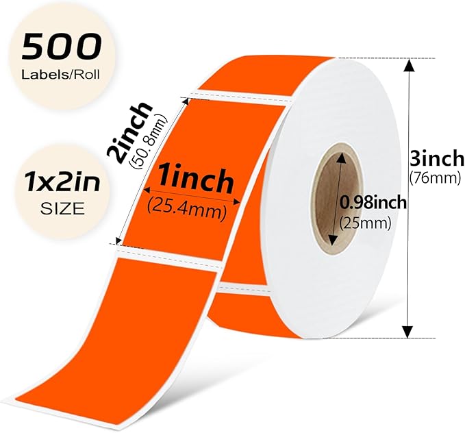 PALAIBEIQI 1x2 Inch Thermal Labels,500PCS Rectangle Stickers,Waterproof Removable Blank Stickers for Address,Jars,Freezer Containers & Pantry Organization,Fluorescent Orange