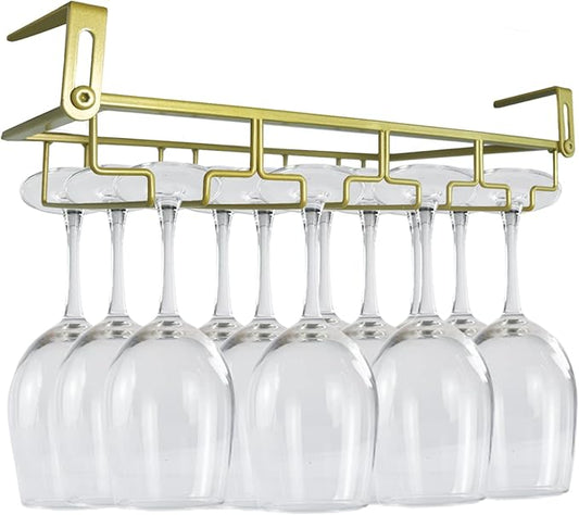 Adjustable Under Cabinet Stemware Holder - Metal Wine Glass Hanger Organizer for Kitchen, Bar, Shelf - Rustproof Hanging Storage Rack for 6-8 Glasses - Space Saving Decor (Gold, 4 Rows)
