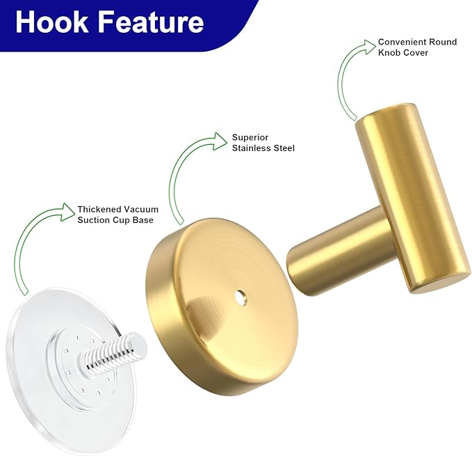 VINHOLD Suction Cup Hooks for Shower, Stainless Steel Shower Hooks for Hanging Towels, Robes, Bath Balls, Towel Hooks for Bathroom Wall, Glass Door, Kitchen, Mirror, Tile (2 Pack，Gold)