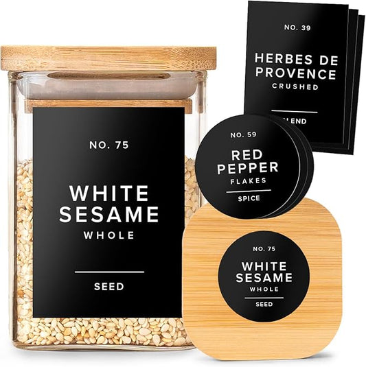 Minimalist Spice Container Labels Self-Adhesive - 160 Stickers for Spice Jars, Spice Jars & Drawers, Round & Rectangular, Waterproof Spice Organiser Labels for Kitchen Organisation