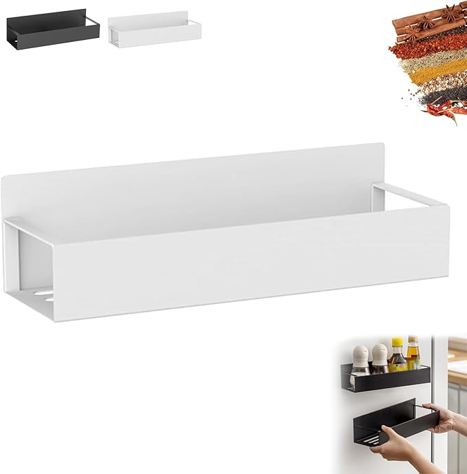 Punch-Free Magnetic Storage Rack Organize - Space-Saving Kitchen Organizer, Multifunctional Movable Magnetic Shelf for Refrigerator, Versatile Metal Organizer for Holding Spices, Jars (White, L)