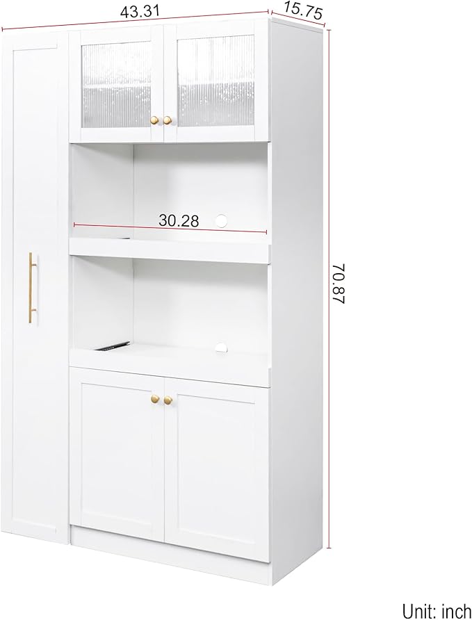 70.87" Tall Kitchen Pantry Cabinet with 7-Tier Pull-Out Shelf, Glass Doors, Countertop & 4 Doors, Freestanding Wood Hutch Cupboard for Dining Room, Coffee Bar, or Kitchen Storage, White