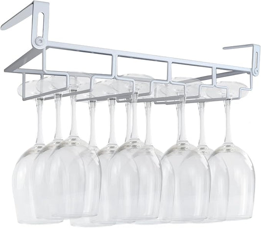 Adjustable Under Cabinet Stemware Holder - Metal Wine Glass Hanger Organizer for Kitchen, Bar, Shelf - Rustproof Hanging Storage Rack for 6-8 Glasses - Space Saving Decor (White, 4 Rows)