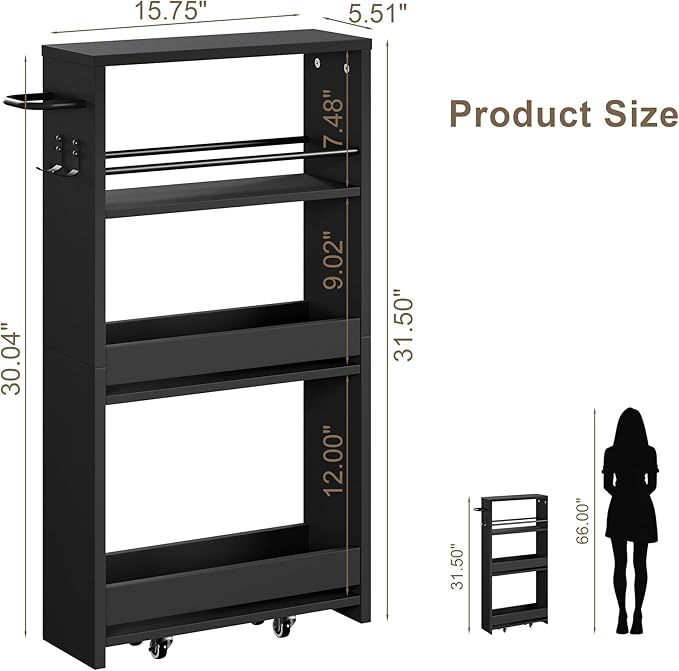 ChooChoo 4-Tier Slim Storage Cart, 5.5 inches Wide Narrow Storage Cabinet with 360° Wheels and 2 Hooks, Laundry Room Storage Organizer for Kitchen, Narrow Places, Bathroom, Black