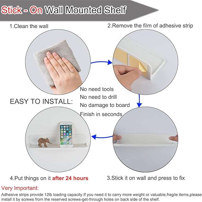 Stick On Small Wall Shelf,White Floating Shelves Wall Mounted - Adhesive Strips | Plastic Hanging Display Shelf for Bedroom,Kitchen,Living Room,Bathroom,Office (2Pcs/Set)