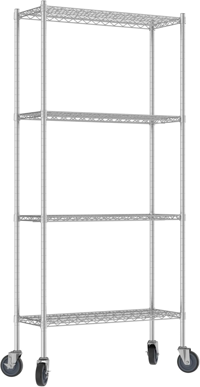 Commercial NSF Listed Chrome Mobile Wire Shelving Kit 14" x 36" x 80", with 4 Shelves Perfect for Warehouse, Walk-in Refrigerator, Freezer, Grocery Store, Restaurant, Dishroom