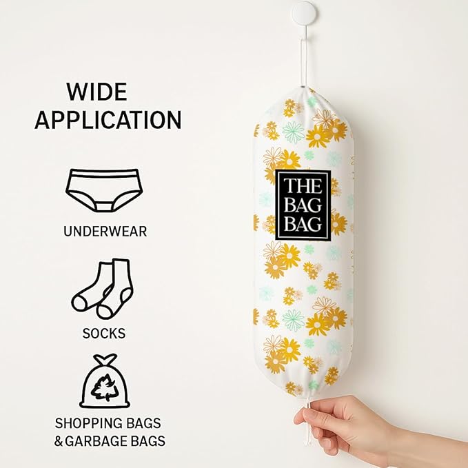 Plastic Bags Holder for Kitchen, The Bag Bag Grocery Bags Holder for Kitchen Essentials, Reusable Hanging Grocery Sack Organizer, Floral Reusable Trash Sack Storage Dispenser to Home Decor