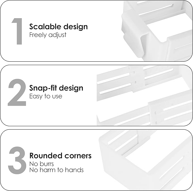 5 Pack Adjustable Drawer Dividers for Fridge Side Organizer, Retractable Refrigerator Door Case with Snap-On, Plastic Fridge Accessories for Sorting Drawer and Storage (White)
