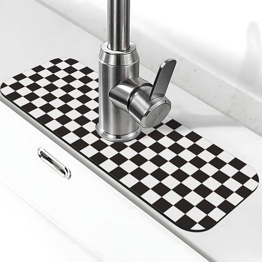 Black And White Checkered Racing Flag Checkerboard Square Grid Kitchen Sink Splash Guard Faucet Mat Super Absorbent Fast Drying Mat Sink Gadgets-Fast Sink Mat For Kitchen Bathroom (15" X 5.5" )