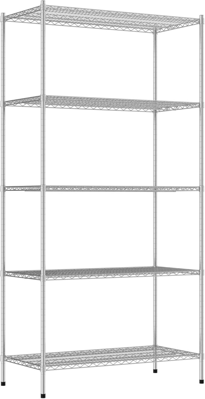 Commercial NSF Listed Chrome Stationary Wire Shelving Kit 24" x 48" x 96", with 5 Shelves Perfect for Warehouse, Walk-in Refrigerator, Freezer, Grocery Store, Restaurant, Dishroom