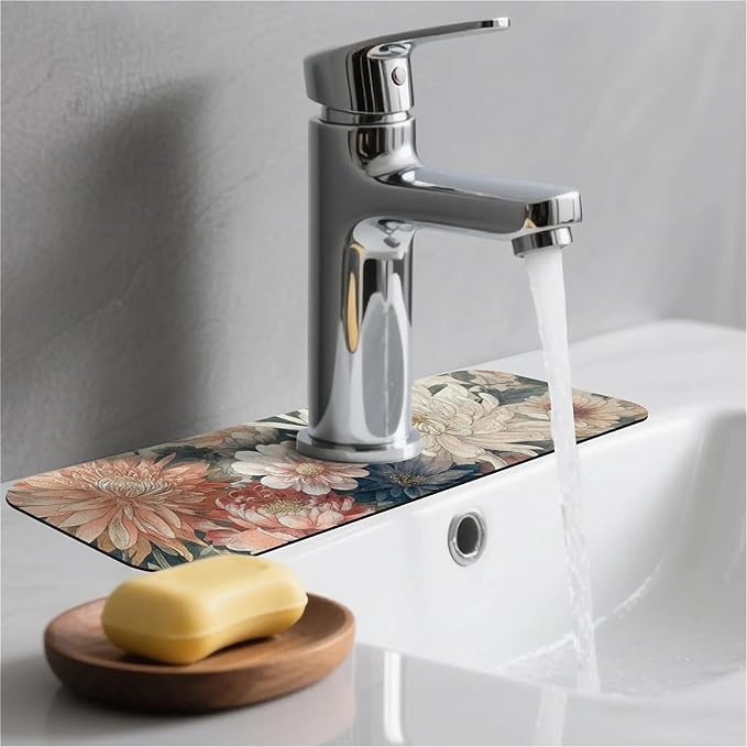 Kitchen Sink Splash Guard，Array of flowers Faucet Mat Sink Gadgets-Super Absorbent Fast Drying Mat Drip Catcher for Kitchen, Bathroom,Sink Mat, Dish Drying Mat, Bathroom(15" X 5.5" )