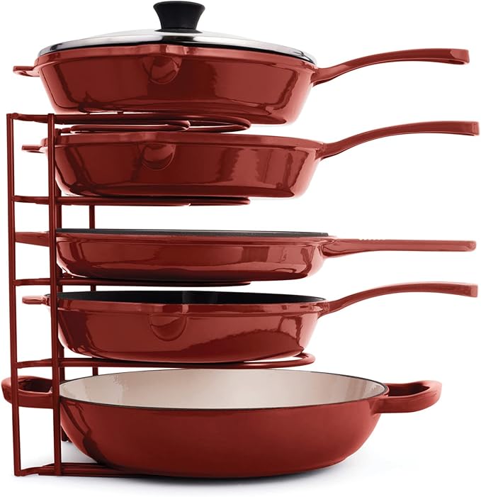 Cuisinel Pan Organizer for Cast Iron Skillets, Griddles and Pots - Heavy Duty Steel Construction - Holds Up to 50 LBS - Red 12.2 Inch - No Assembly Required