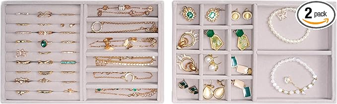 ProCase Stackable Jewelry Organizer Trays for Drawers, Jewelry Drawer Inserts Container Display Case Storage for Earring Necklace Rings Bracelet with Removable Dividers -Grey, 2 Layers