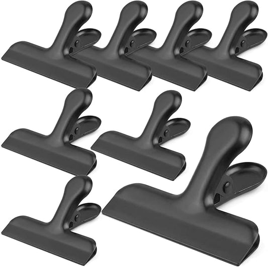 Funfery Stainless Steel Black Chip Clips 3" Bag Clips for Kitchen Storage,Food,Snacks,8 Pack Large Metal Clip for Food Packages,Chips,Paper and Home&Office