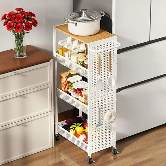 4-Tier Slim Storage Cart with Wheels,Small Mobile Organizer Shelf with Wooden Top & Metal Handle for Kitchen, Laundry Room, Bathroom, Office (White, 9.1 inch)
