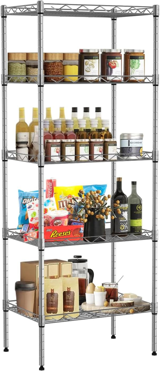 5-Shelf Storage Shelves Metal Shelving Unit NSF Garage Storage Rack Adjustable Wire Shelves Organizer for Kitchen Closet Basement, 750 Lbs Capacity, 16.7" L × 11.8" W × 47.6" H, Sliver