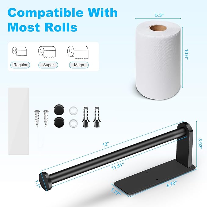 Black Paper Towel Holder Under Cabinet, Adhesive Under Counter Paper Towel Holder Wall Mount Towel Rack, No Drilling Toilet Paper Roll Holders for Kitchen Bathroom Fridge Pantry Garage RV Essentials