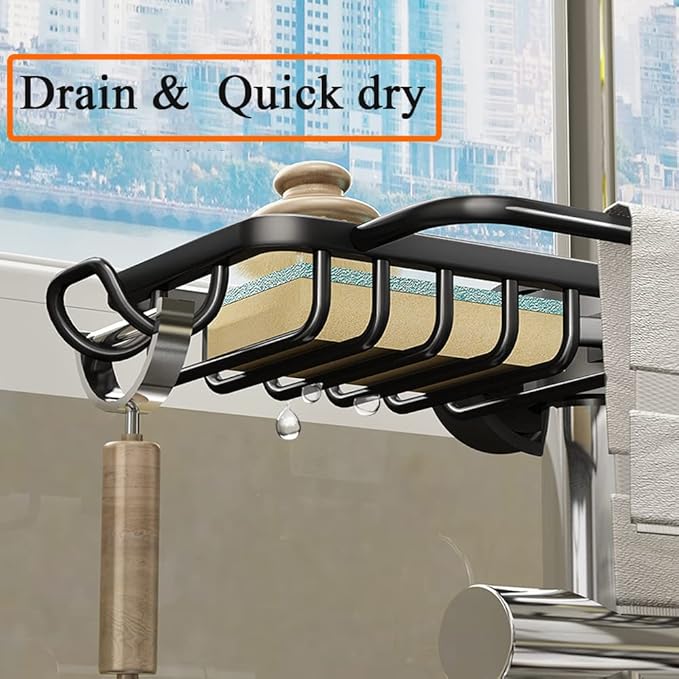 Faucet Sponge Holder Kitchen Sink Caddy Organizer Over Faucet Hanging Drain Rack (Normal, Black)