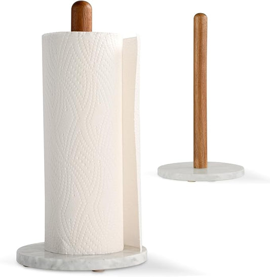 Acacia Wood & Marble Paper Towel Holder – Freestanding Paper Towel Holder for Countertop, Weighted for One-Handed Use, for Kitchen, Bathroom, Office