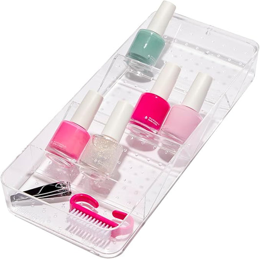 madesmart Angled Storage Tray, Make-up Bathroom Organizer, Lipstick, Razors, Q-Tips, Bath Essentials Angled for Easy-Viewing, Small, Clear