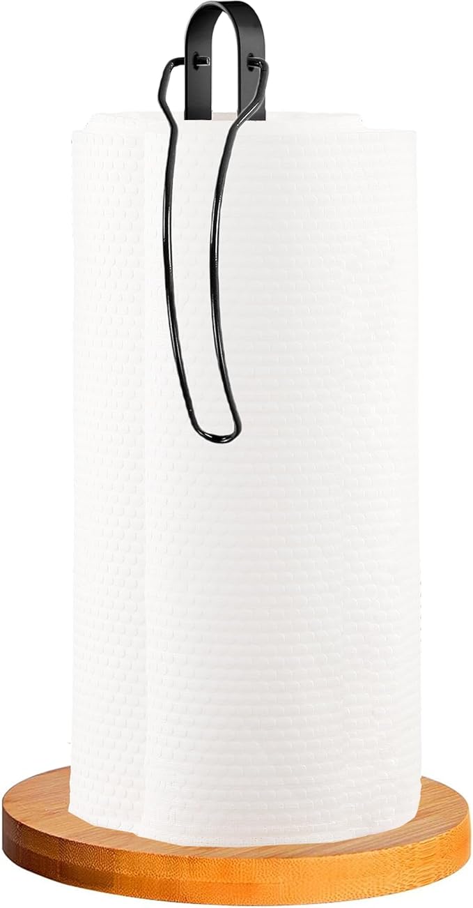 Wood Paper Towel Holder Countertop, TONLEA Kitchen Paper Towel Holder FreeStanding with Fixer for Kitchen and Bathroom Organization, Kitchen Roll Holder for Standard and Large Rolls