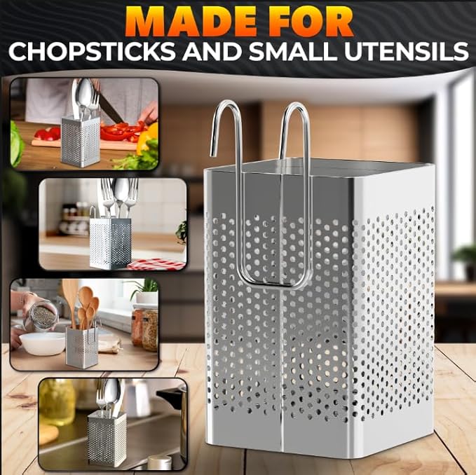 Dishwasher Chopstick Basket – 2.87" x 2.87" x 4" Stainless Steel Utensil Holder | Rust-Resistant Perforated Caddy with Hooks for Organizing Chopsticks, Straws, Teaspoons, and Small Kitchen Tools