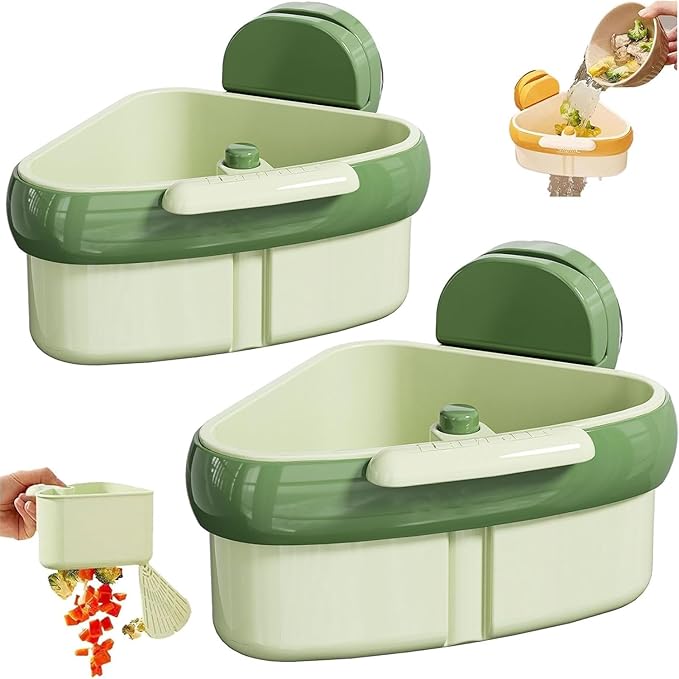 LLQ 2PACK Sink Strainer Basket,2025 New Upgraded Suction Cup Press Sink Drainer Basket,Automatic Dumping Sink Strainer Basket,Faucet Sponge Storage Rack (Green+Green)