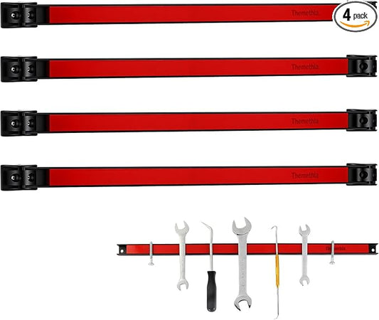 18" Magnetic Tool Holder Strip, 4 Pieces Red Metal Tool Organizer Rack with Stainless Steel Surface, Magnet Bar for Garage Workshop, Easy To Install with Mounting Screws