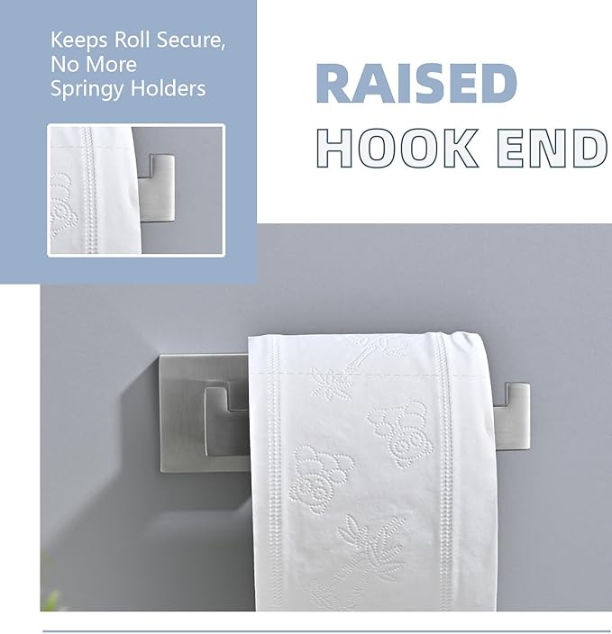 3PCS Bathroom Hardware Set, Brushed Nickel Toilet Paper Holder, 2 Square Towel Robe Hooks, SUS 304 Stainless Steel, Wall Mounted, Modern, Rust‑Resistant (Silvery)