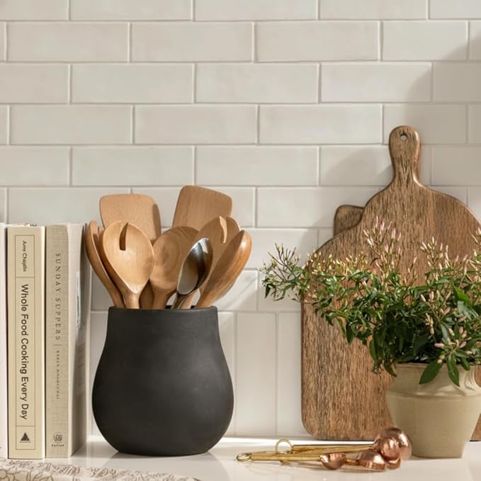 JIEMEI HOME Kitchen Utensil Holder, 6.61" Ceramic Rustic Utensil Crock for Countertop, Farmhouse Cooking Tool Organizer, Spatula Holder For Kitchen Decor, Black Bronze