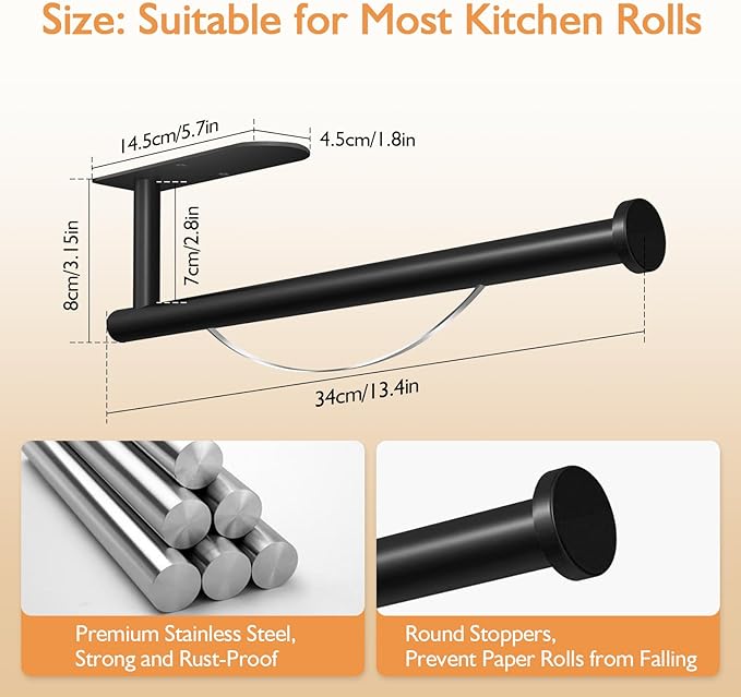 Paper Towel Holder with Damping Function, Paper Towel Holder Under Cabinet Self-Adhesive or Drilling, Wall Mounted Matte Black Paper Towel Rack for Kitchen Bathroom Rv, Stainless Steel (Black)